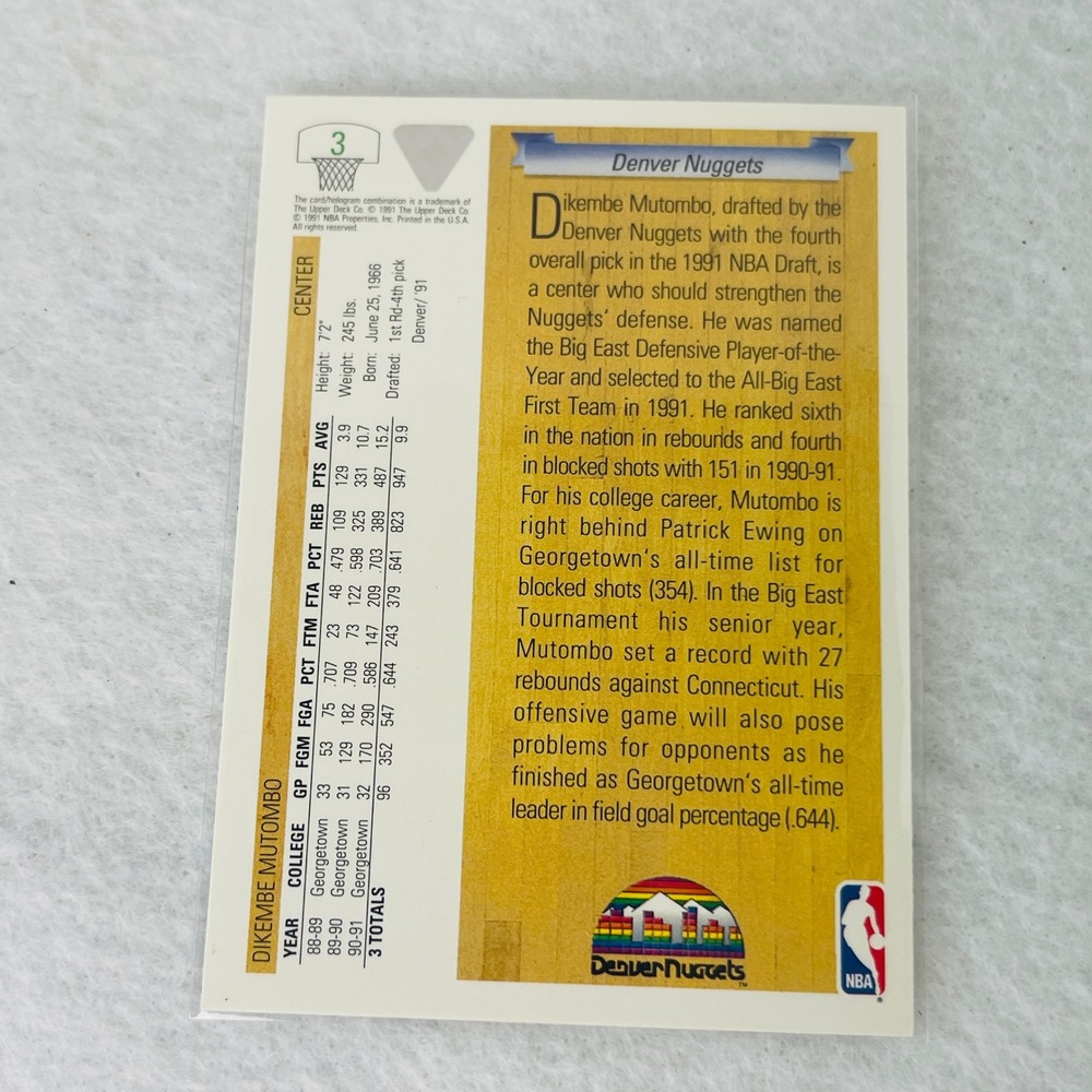 1991-92 Upper Deck Dikembe Mutombo Rookie Card #3 Denver Nuggets NBA Draft